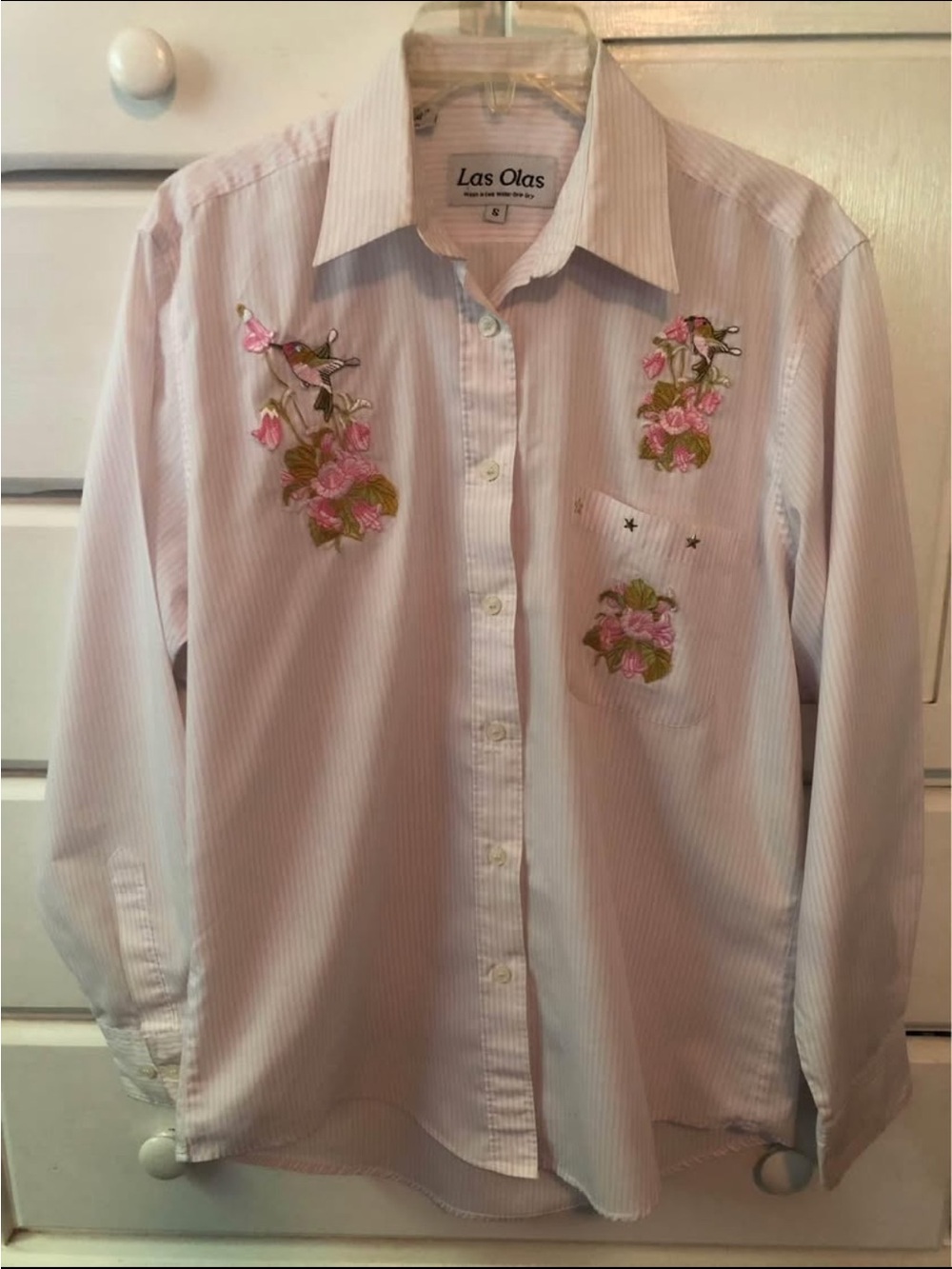 Hummingbird Embroidered Button-Down long sleeved blouse